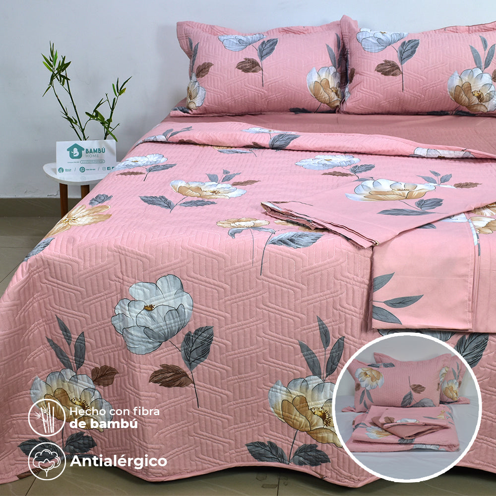 Juego de Cama Bambú Verano con Cubrecama Estampado