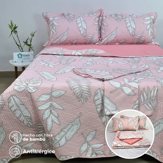 Juego de Cama Bambú Verano con Cubrecama en Alto Relieve Palmas Rosas