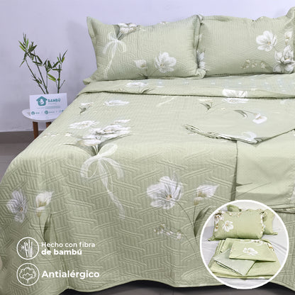 Juego de Cama Bambú Verano con Cubrecama en Alto Relieve Ramo Green