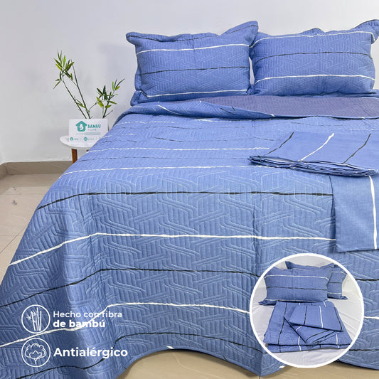 Juego de Cama Bambú Verano con Cubrecama en Alto Relieve Blue Lines