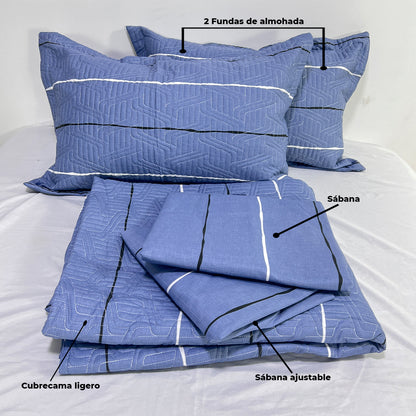 Juego de Cama Bambú Verano con Cubrecama en Alto Relieve Blue Lines